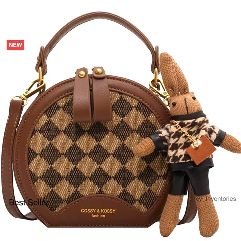 Faux Leather Quilted Bucket Bag with Bunny Pendant Crossbody Shoulder Purse